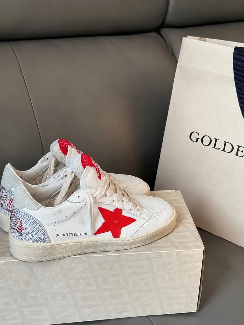Golden Goose White Leather Sneakers with Red Star and Metallic Heel